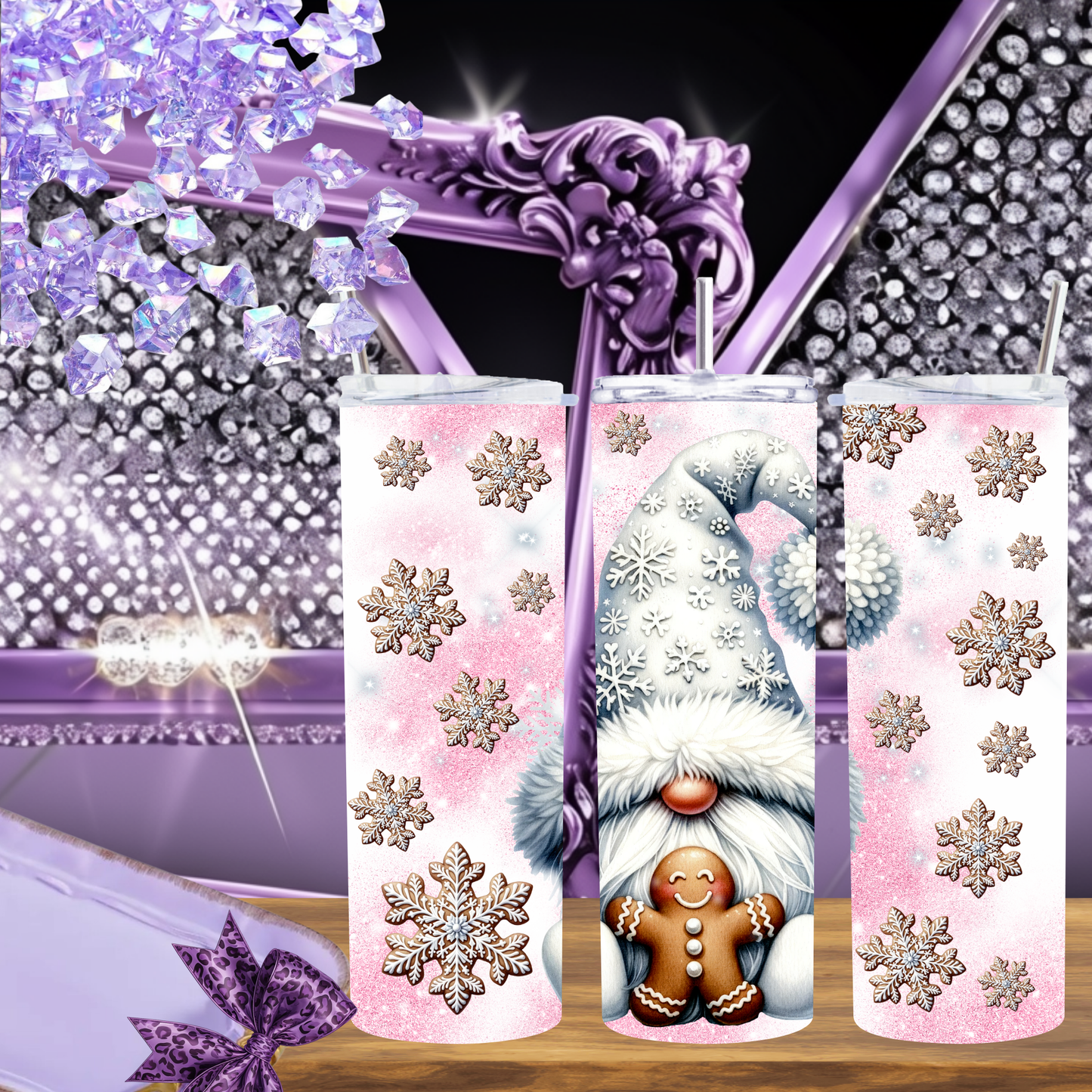 Winter Gnome Tumbler 20 oz – Pink Snowflake Christmas Cup with Gingerbread Gnome, Holiday Skinny Tumbler Gift for Her