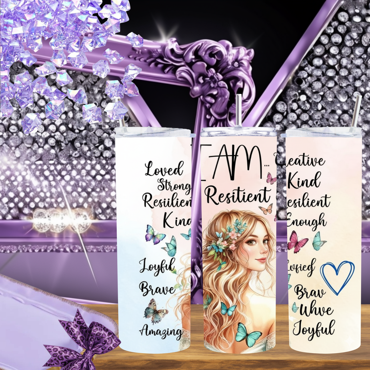 Personalized 20oz Skinny Tumbler with Butterfly and Affirmations, I Am Loved Strong Beautiful Confident Tumbler Gift