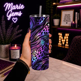 Purple Leopard Handmade 20 oz Stainless Steel Tumbler showing purple leopard 20oz tumbler artwork with insulated stainless steel tumbler, reusable travel cup, made to order