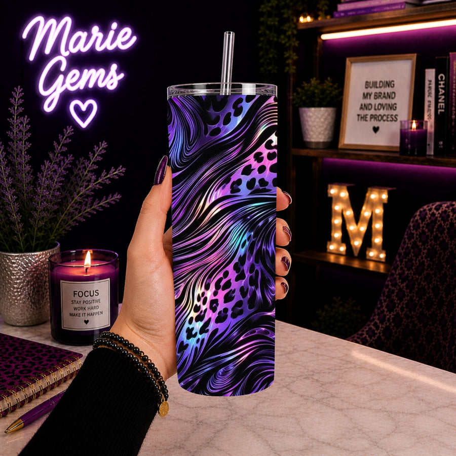 Purple Leopard Handmade 20 oz Stainless Steel Tumbler showing purple leopard 20oz tumbler artwork with insulated stainless steel tumbler, reusable travel cup, made to order