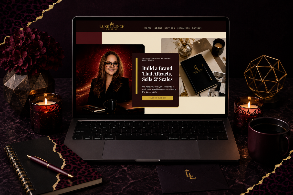 Laptop screen showing Luxe Launch branding website surrounded by dark purple candles, notebook, pen, and cup on black surface