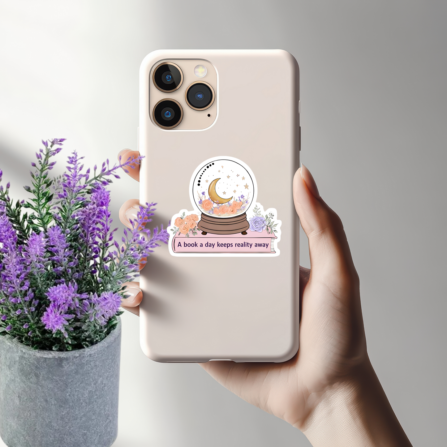 A Book a Day Keeps Reality Away Snow Globe Sticker - Mystical Floral Book Lover Decal