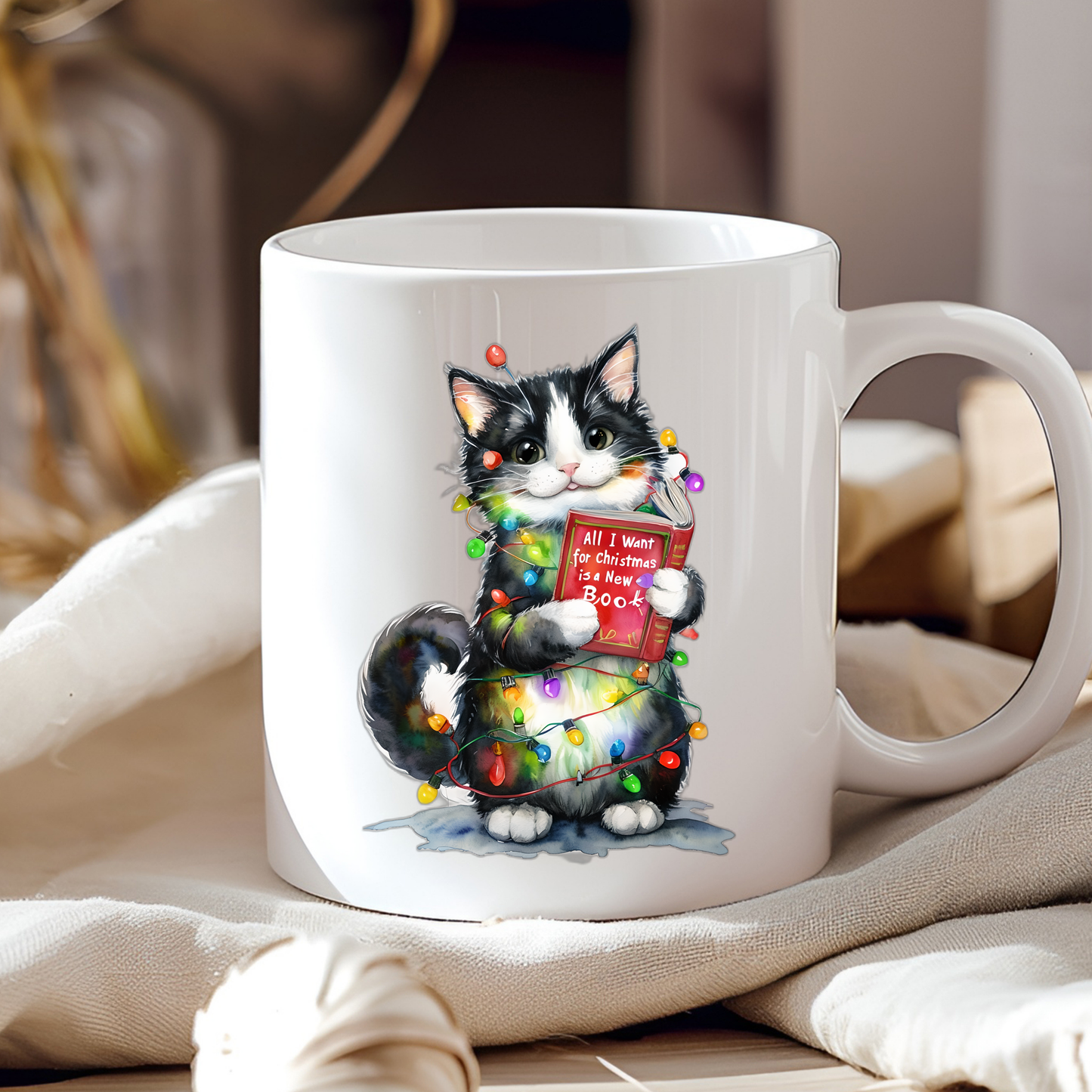 All I Want for Christmas Is a New Book Cat Mug, Christmas Cat Lover Mug, Bookworm Holiday Cup, Funny Holiday Gift, Literary Drinkware