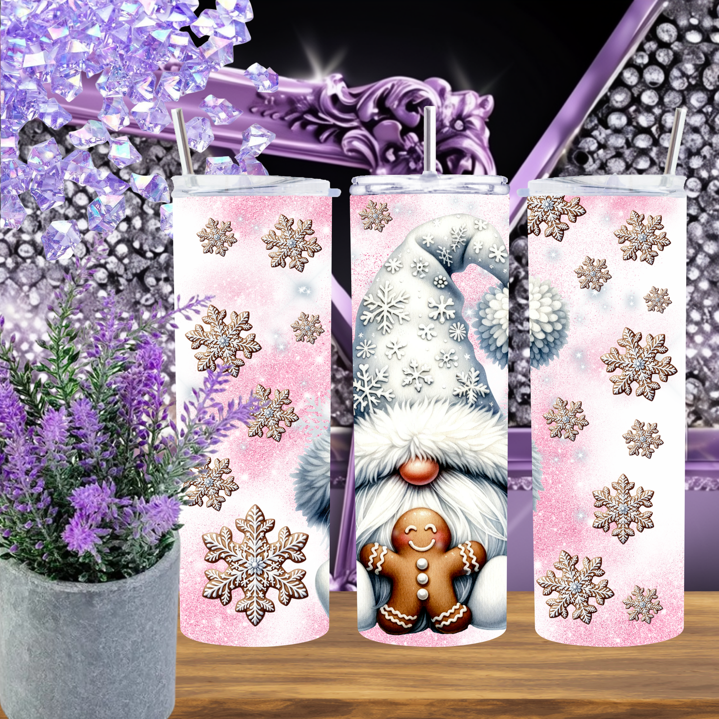 Winter Gnome Tumbler 20 oz – Pink Snowflake Christmas Cup with Gingerbread Gnome, Holiday Skinny Tumbler Gift for Her