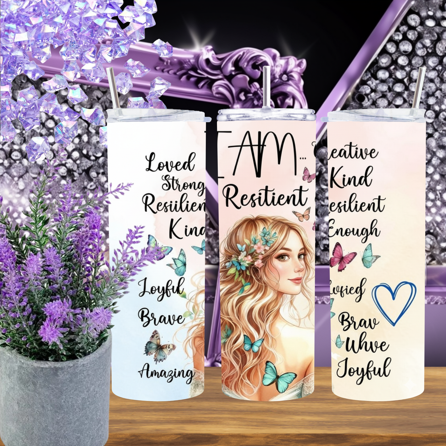 Personalized 20oz Skinny Tumbler with Butterfly and Affirmations, I Am Loved Strong Beautiful Confident Tumbler Gift