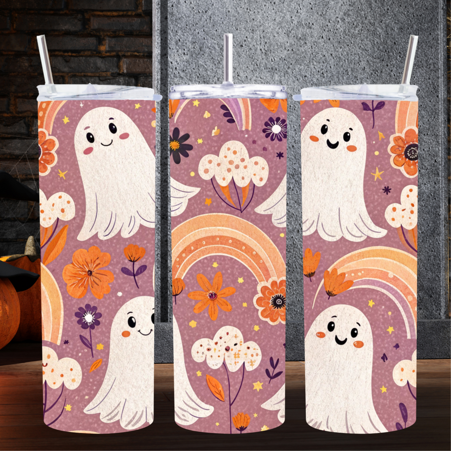 Cute Ghost Rainbow 20oz Skinny Tumbler, Spooky Season Drinkware, Ghost Lover Physical Tumbler, Made to Order Halloween Cup