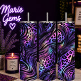Purple Leopard Handmade 20 oz Stainless Steel Tumbler showing purple leopard 20oz tumbler artwork with insulated stainless steel tumbler, reusable travel cup, made to order