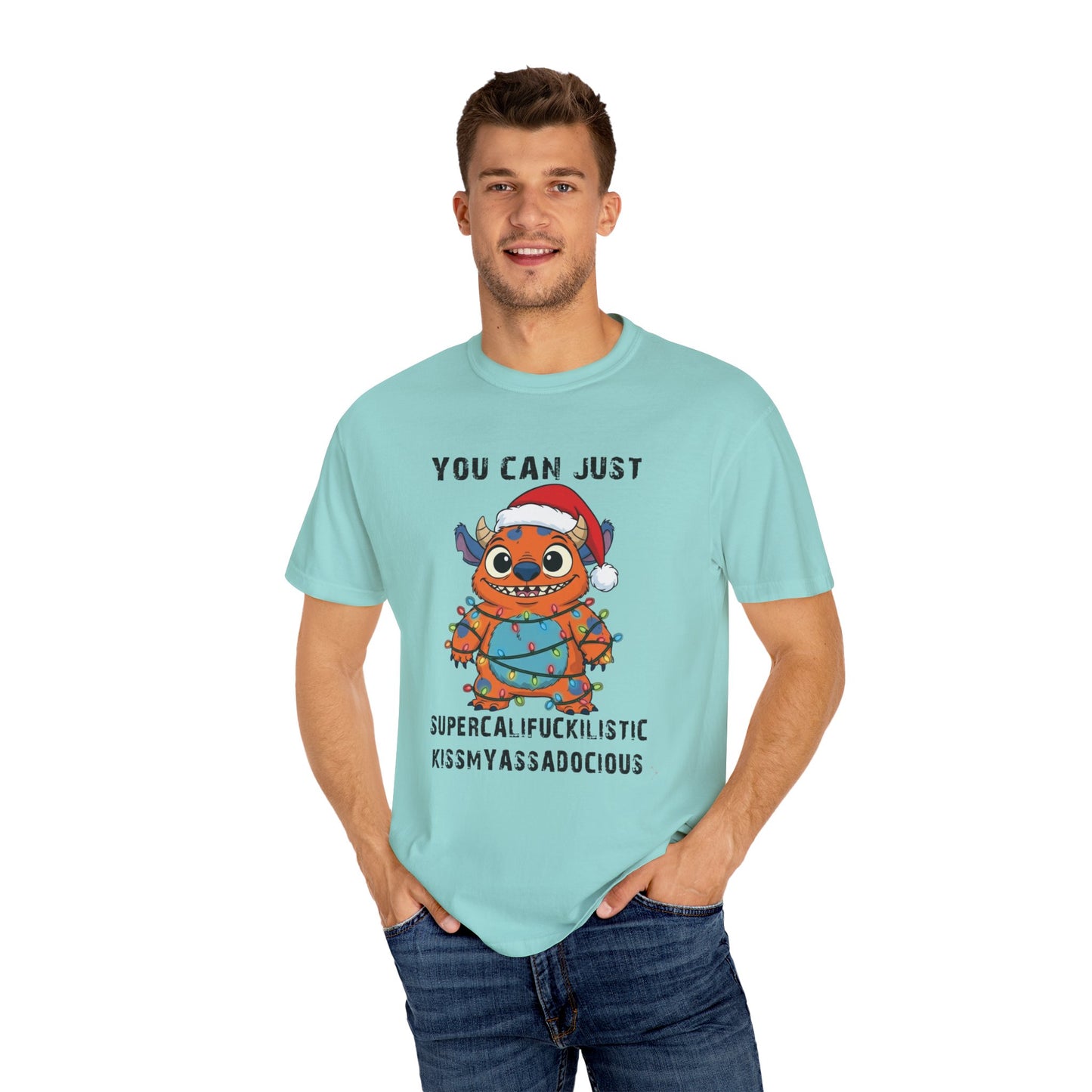 Funny Christmas Monster T-Shirt: Holiday Lights Alien Creature with Santa Hat | Adult & Kid Festive Gag Gift Tee