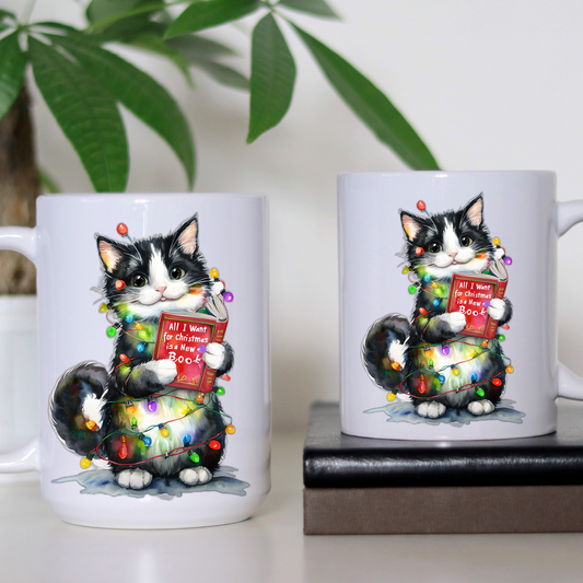 All I Want for Christmas Is a New Book Cat Mug, Christmas Cat Lover Mug, Bookworm Holiday Cup, Funny Holiday Gift, Literary Drinkware