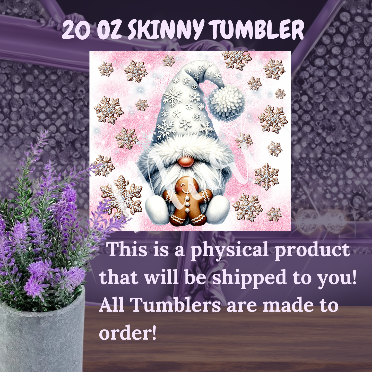 Winter Gnome Tumbler 20 oz – Pink Snowflake Christmas Cup with Gingerbread Gnome, Holiday Skinny Tumbler Gift for Her
