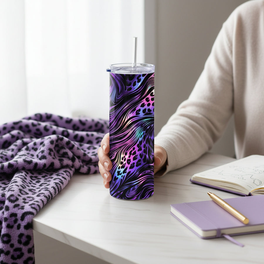 Purple Leopard Handmade 20 oz Stainless Steel Tumbler showing purple leopard 20oz tumbler artwork with insulated stainless steel tumbler, reusable travel cup, made to order