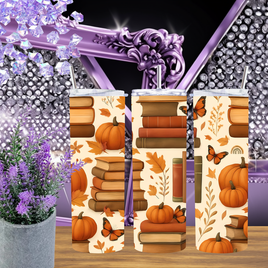 Autumn Books 20oz Skinny Tumbler, Fall Pumpkin and Butterfly Design, Book Lover Gift, Fall Aesthetic Drinkware, Physical Tumbler