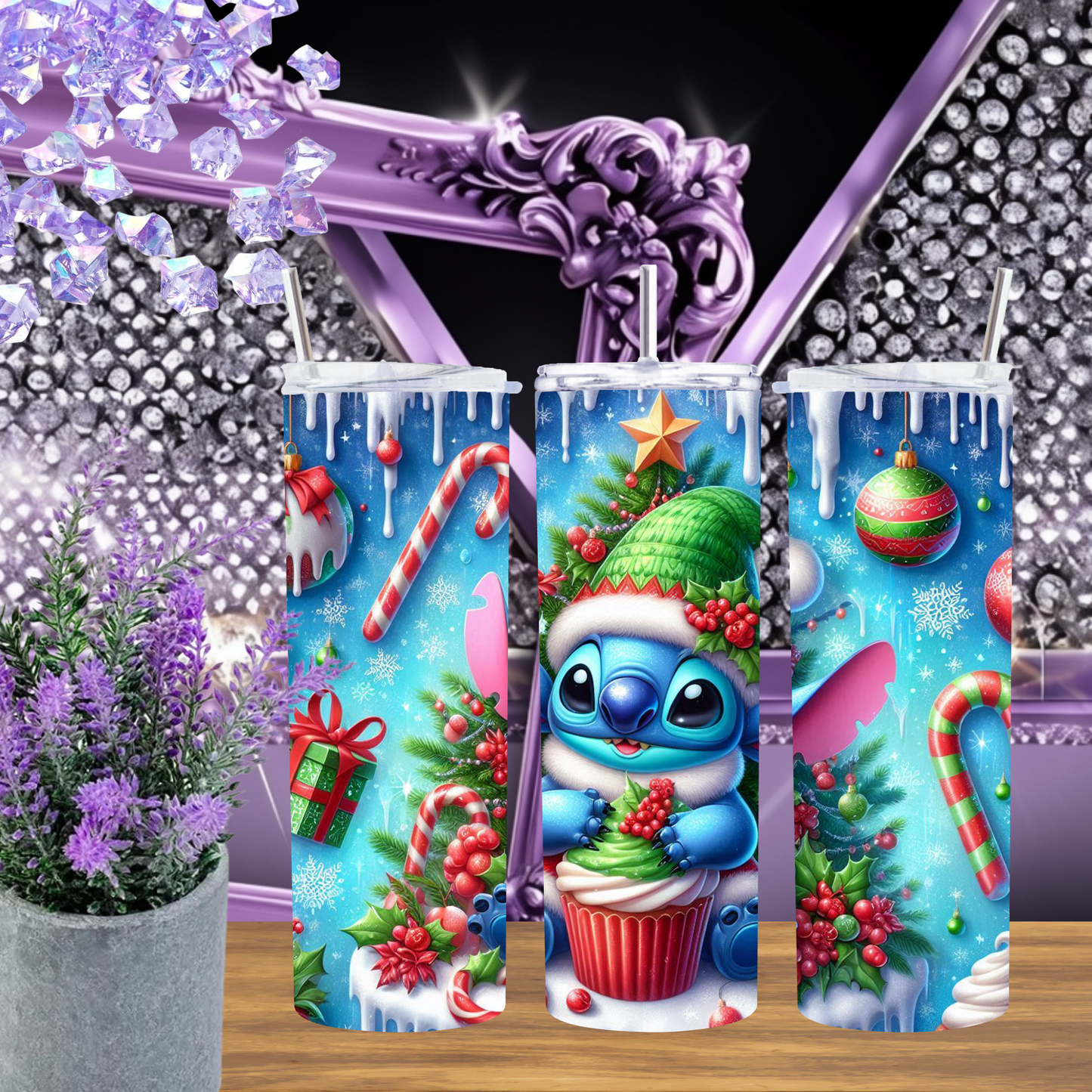 Christmas Alien Tumbler 20 oz – Cute Blue Alien Holiday Cup with Candy Canes & Cupcake, Festive Skinny Tumbler Gift for Her