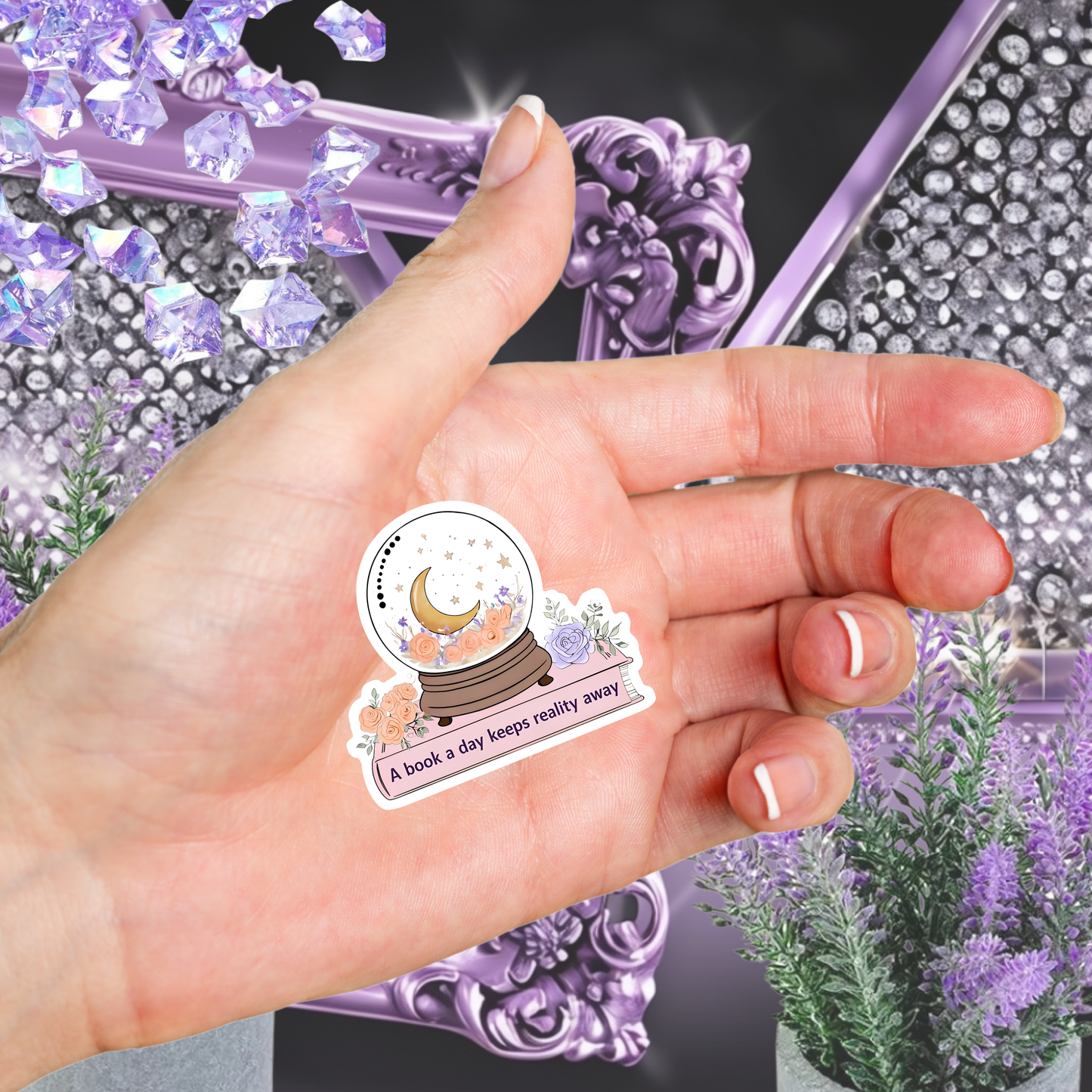 A Book a Day Keeps Reality Away Snow Globe Sticker - Mystical Floral Book Lover Decal