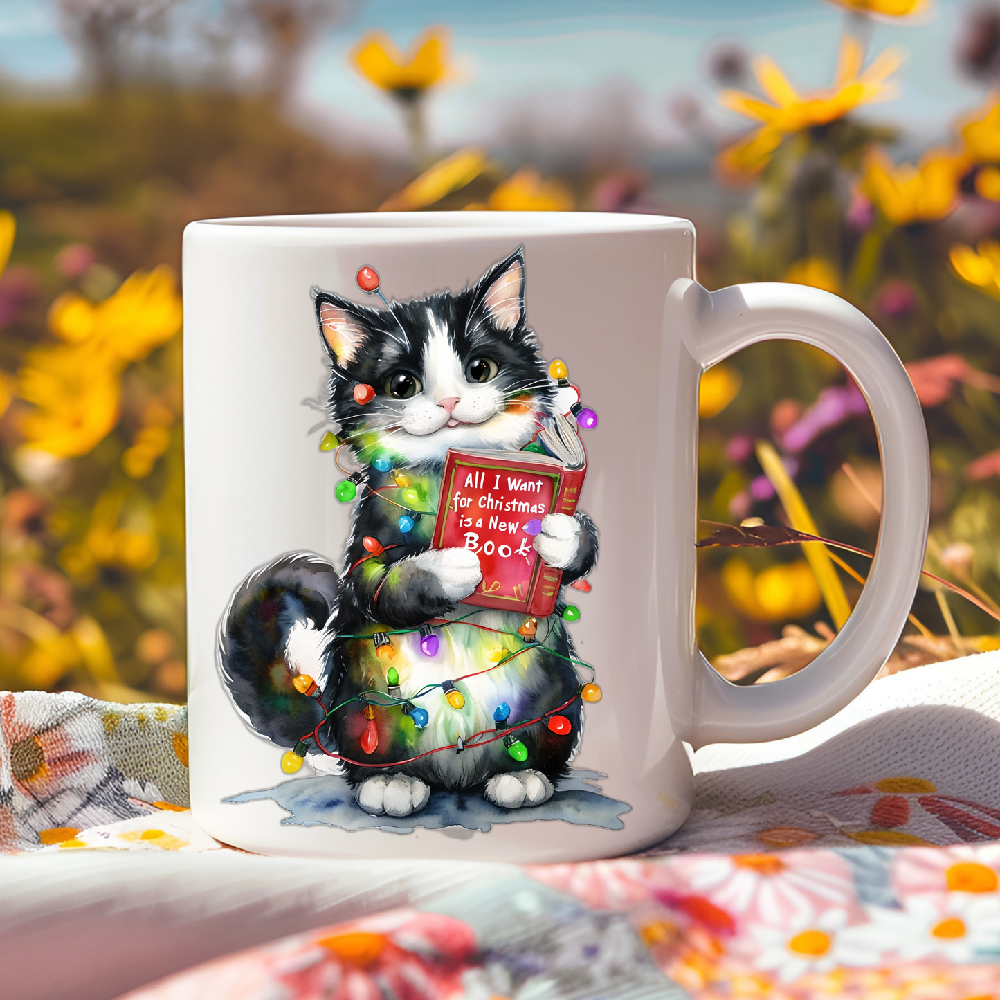 All I Want for Christmas Is a New Book Cat Mug, Christmas Cat Lover Mug, Bookworm Holiday Cup, Funny Holiday Gift, Literary Drinkware