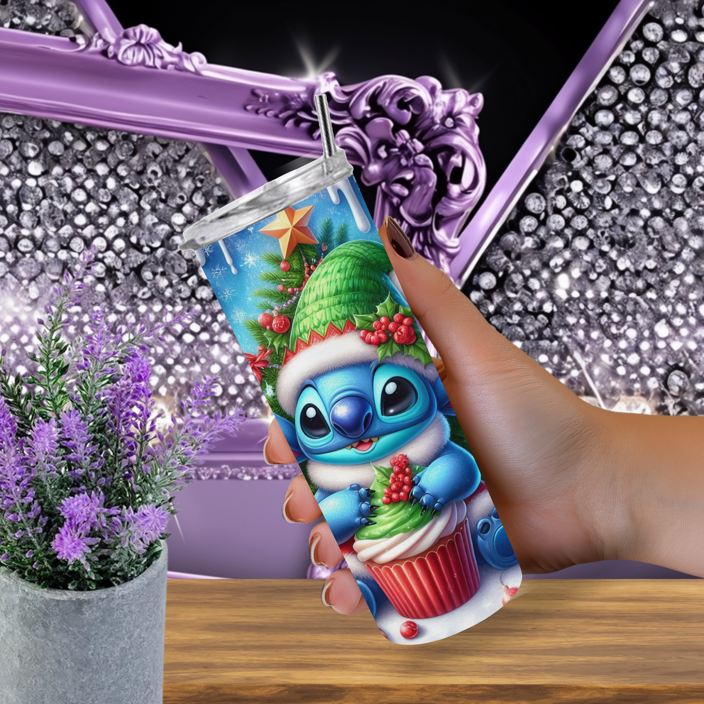 Christmas Alien Tumbler 20 oz – Cute Blue Alien Holiday Cup with Candy Canes & Cupcake, Festive Skinny Tumbler Gift for Her