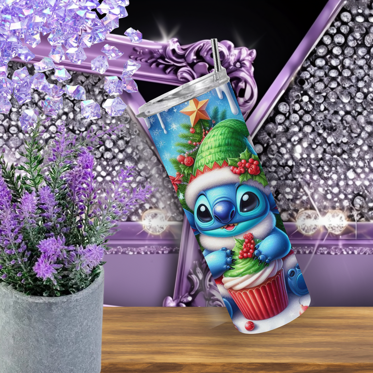 Christmas Alien Tumbler 20 oz – Cute Blue Alien Holiday Cup with Candy Canes & Cupcake, Festive Skinny Tumbler Gift for Her
