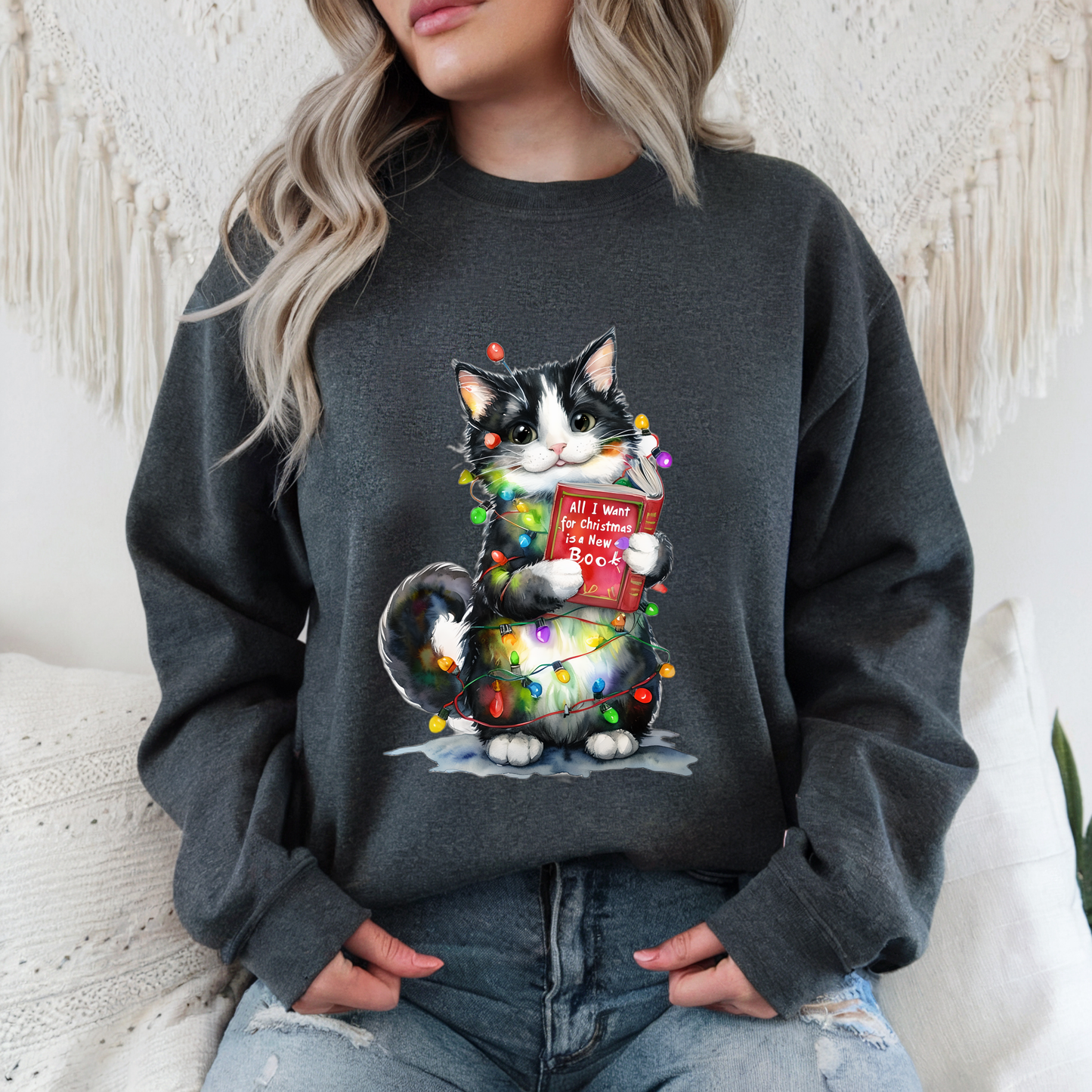 All I Want for Christmas Is a New Book Cat Crewneck Sweatshirt, Bookworm Holiday Sweater, Cat Lover Gift, Funny Christmas Sweater