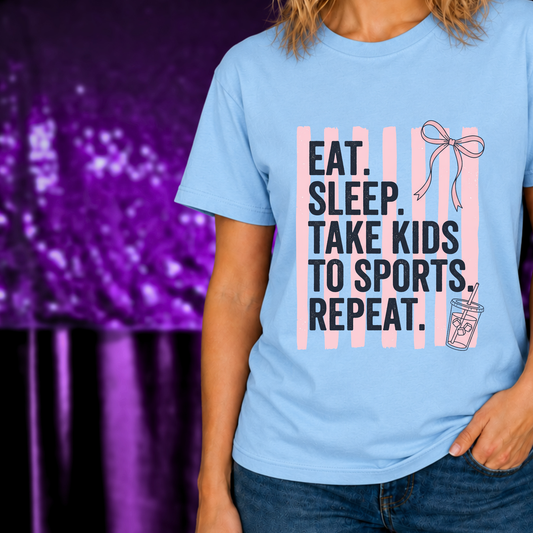 Sports Mom Shirt | Sideline Hustle Tee | Marie Gems with playful pink stripe and text design on light blue fabric