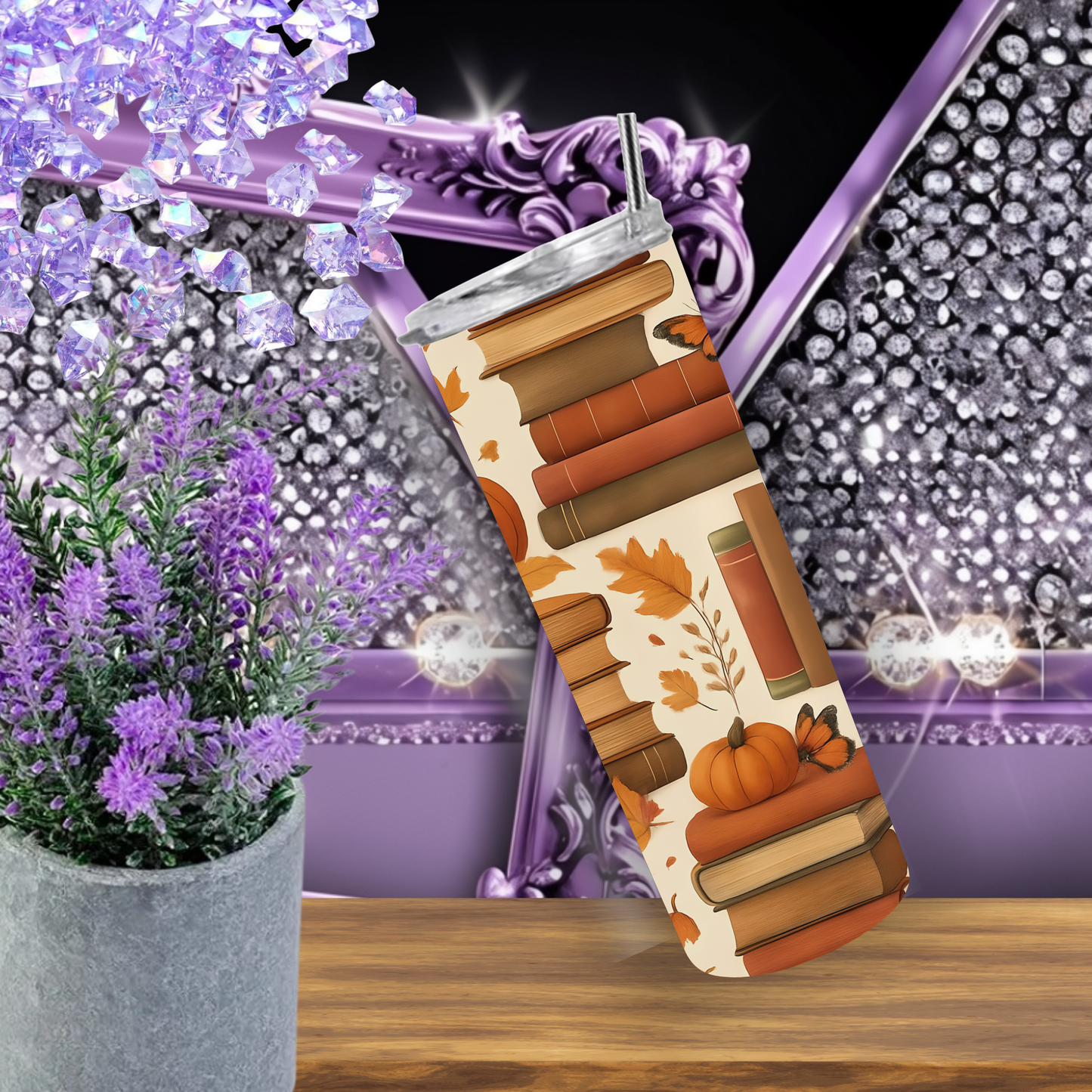 Autumn Books 20oz Skinny Tumbler, Fall Pumpkin and Butterfly Design, Book Lover Gift, Fall Aesthetic Drinkware, Physical Tumbler
