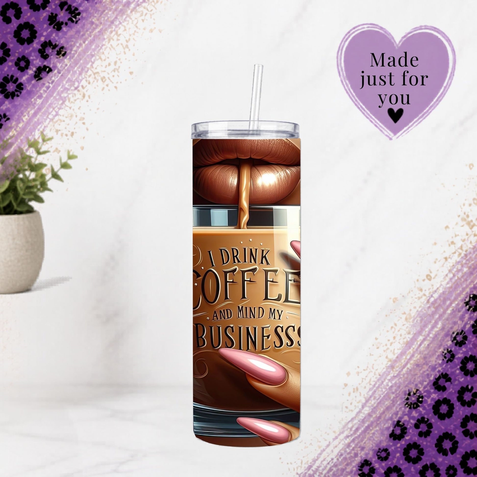 I Drink Coffee and Mind My Business 20oz Tumbler | Boss Babe Travel Mug with coffee pouring design and pink nails.