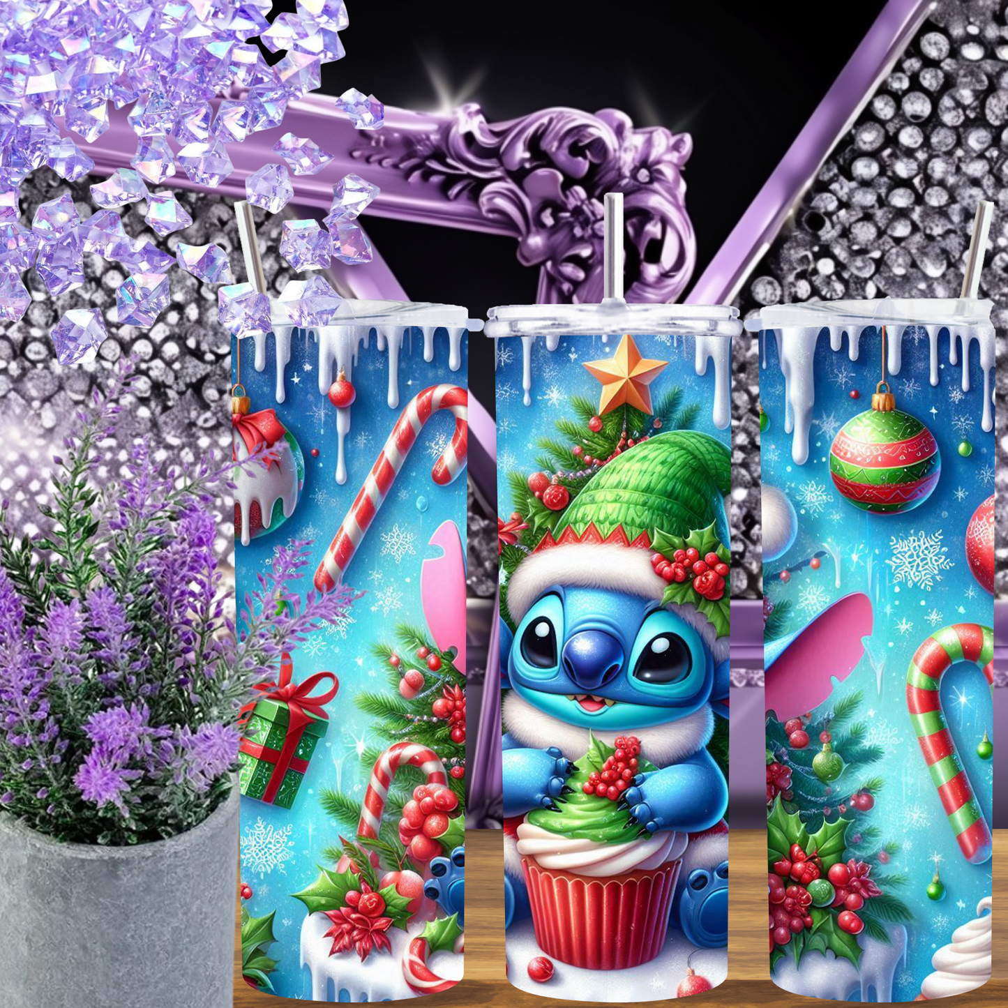 Christmas Alien Tumbler 20 oz – Cute Blue Alien Holiday Cup with Candy Canes & Cupcake, Festive Skinny Tumbler Gift for Her