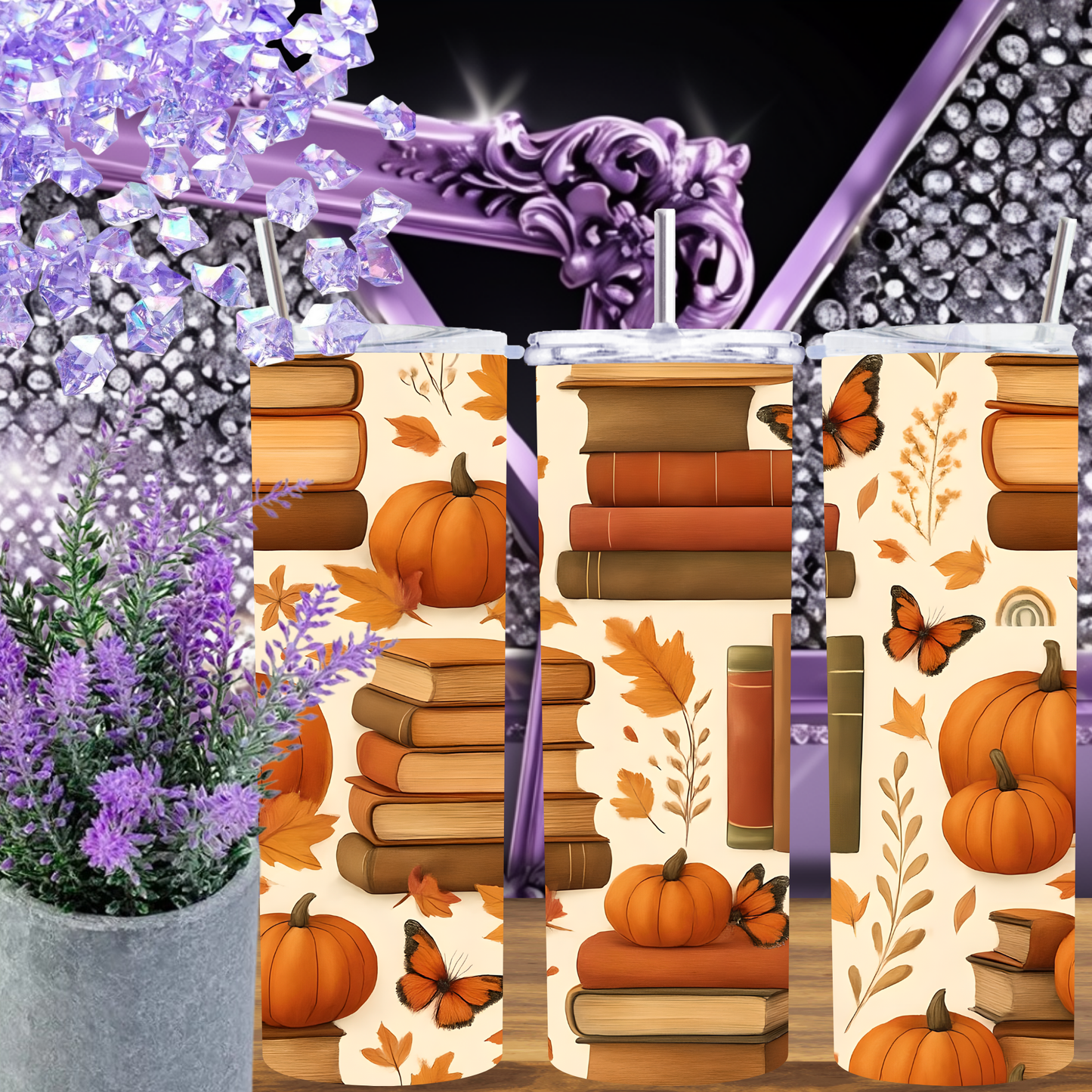 Autumn Books 20oz Skinny Tumbler, Fall Pumpkin and Butterfly Design, Book Lover Gift, Fall Aesthetic Drinkware, Physical Tumbler