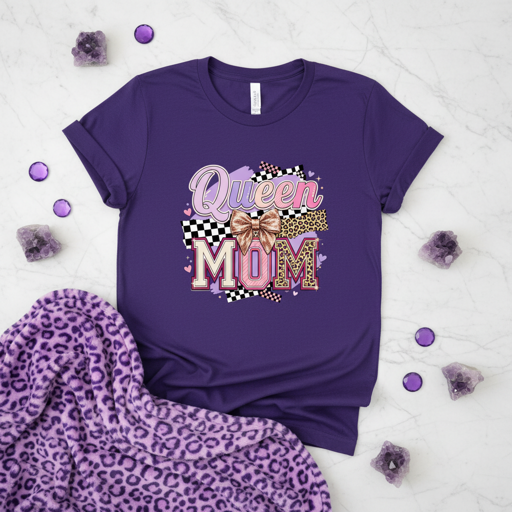 Queen Mom Handmade Gift-Ready Unisex Graphic T-Shirt showing queen mom shirt artwork with funny shirts for mom, mothers day shirt, leopard mom tee, product image 3