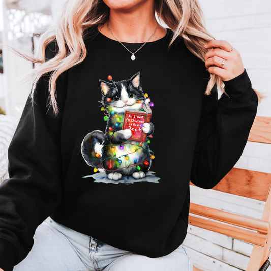 All I Want for Christmas Is a New Book Cat Crewneck Sweatshirt, Bookworm Holiday Sweater, Cat Lover Gift, Funny Christmas Sweater