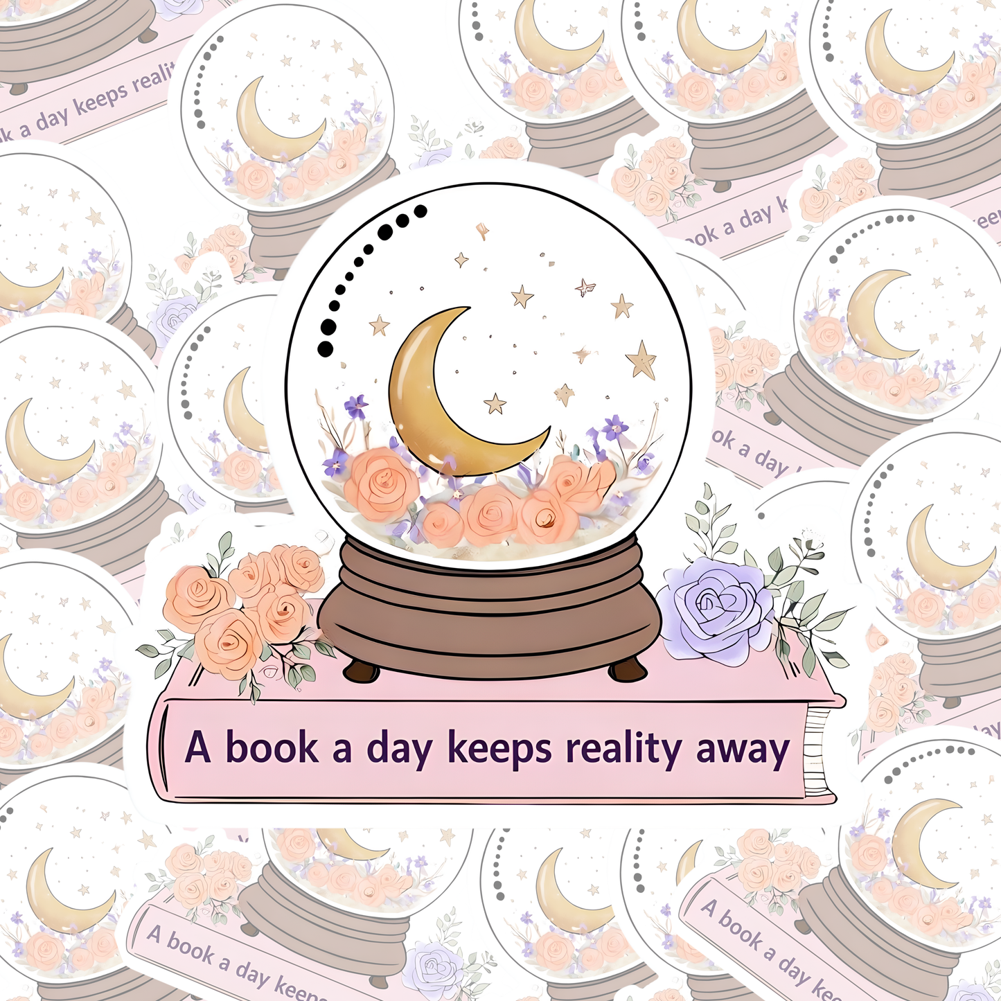 A Book a Day Keeps Reality Away Snow Globe Sticker - Mystical Floral Book Lover Decal