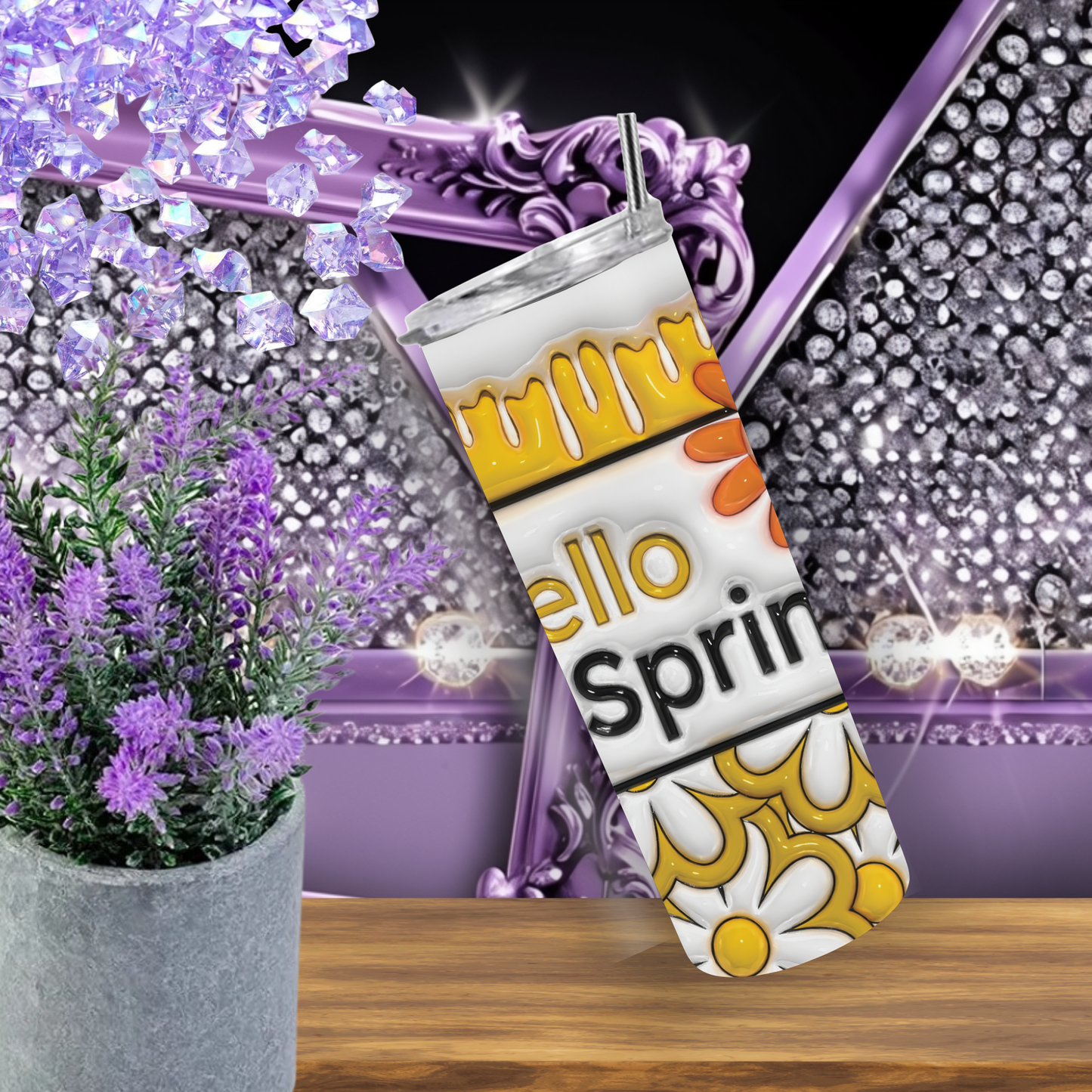 Hello Spring Tumbler 20 oz – Daisy Floral Skinny Tumbler with Honey Drip Design, Double Wall Insulated Cup with Straw, Spring Gift for Her