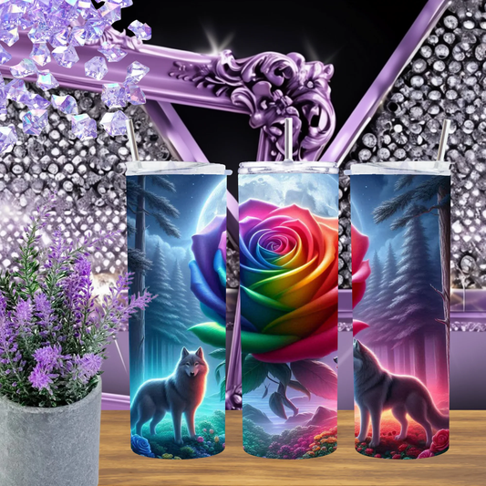 Rainbow Rose Wolf 20oz Tumbler, Mystical Forest Animal Stainless Steel Cup, Vibrant Floral Wolf Lover Gift, Handmade Nature Fantasy Drinkware by Marie Gems