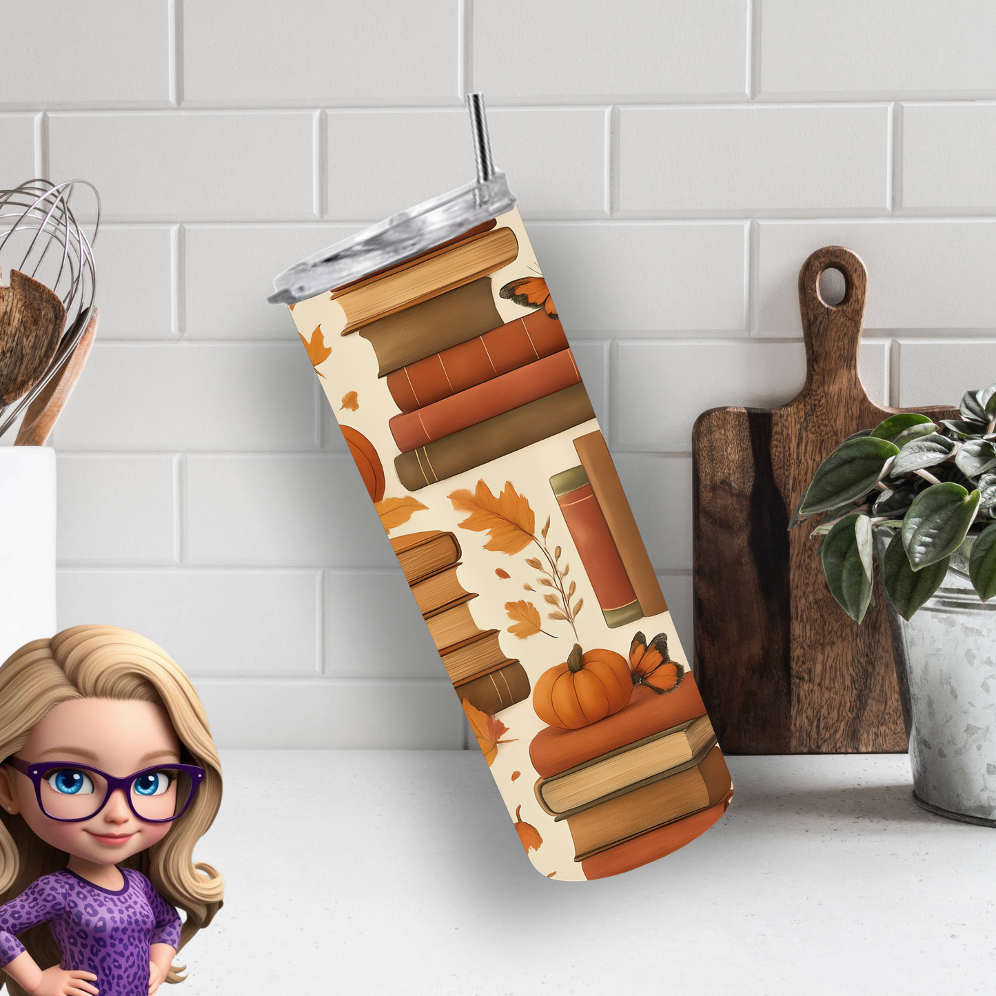 Autumn Books 20oz Skinny Tumbler, Fall Pumpkin and Butterfly Design, Book Lover Gift, Fall Aesthetic Drinkware, Physical Tumbler