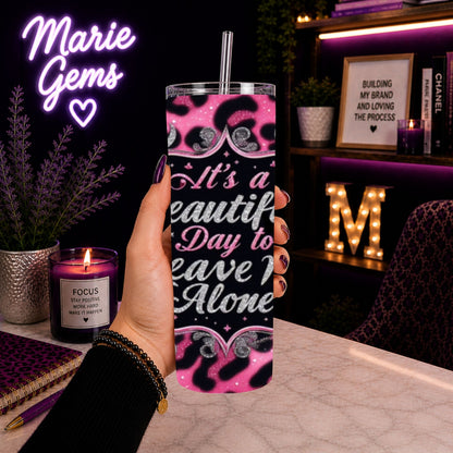 Funny Leopard Handmade 20 oz Stainless Steel Tumbler showing funny leopard tumbler artwork with insulated stainless steel tumbler, reusable travel cup, made to order, product image