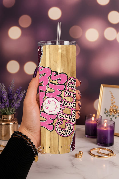 Badass Moms Club Mom 20 oz Stainless Steel Tumbler showing badass moms club mom tumbler artwork with 20 oz coffee tumbler, iced coffee mom cup, mom life skinny cup, product image 2