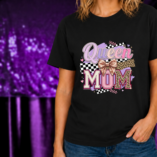 Queen Mom T-Shirt | Leopard Retro Mom Tee | Mother’s Day Gift Shirt with pink, leopard, and checkered design on black fabric