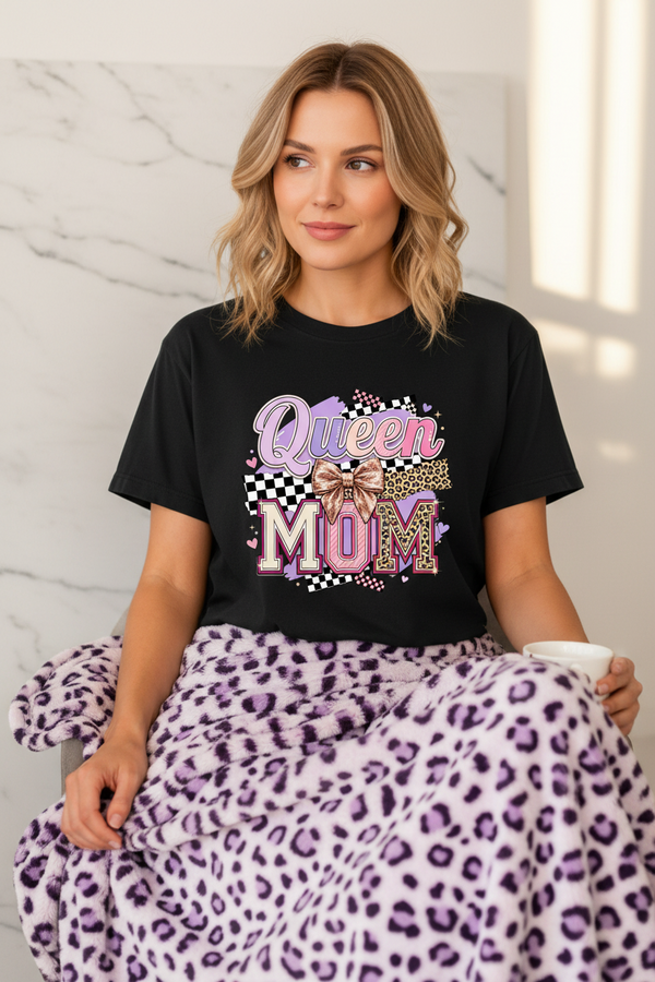 Queen Mom Handmade Gift-Ready Unisex Graphic T-Shirt showing queen mom shirt artwork with funny shirts for mom, mothers day shirt, leopard mom tee