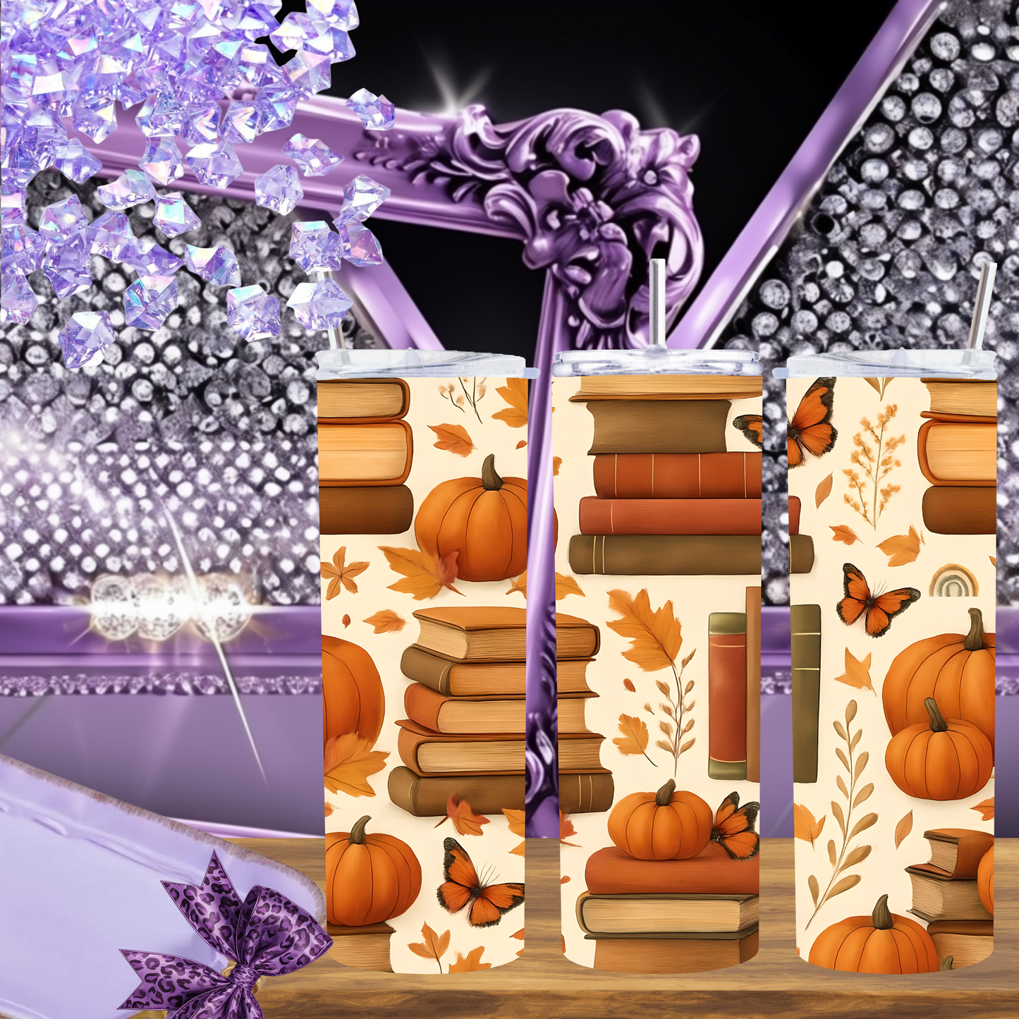 Autumn Books 20oz Skinny Tumbler, Fall Pumpkin and Butterfly Design, Book Lover Gift, Fall Aesthetic Drinkware, Physical Tumbler