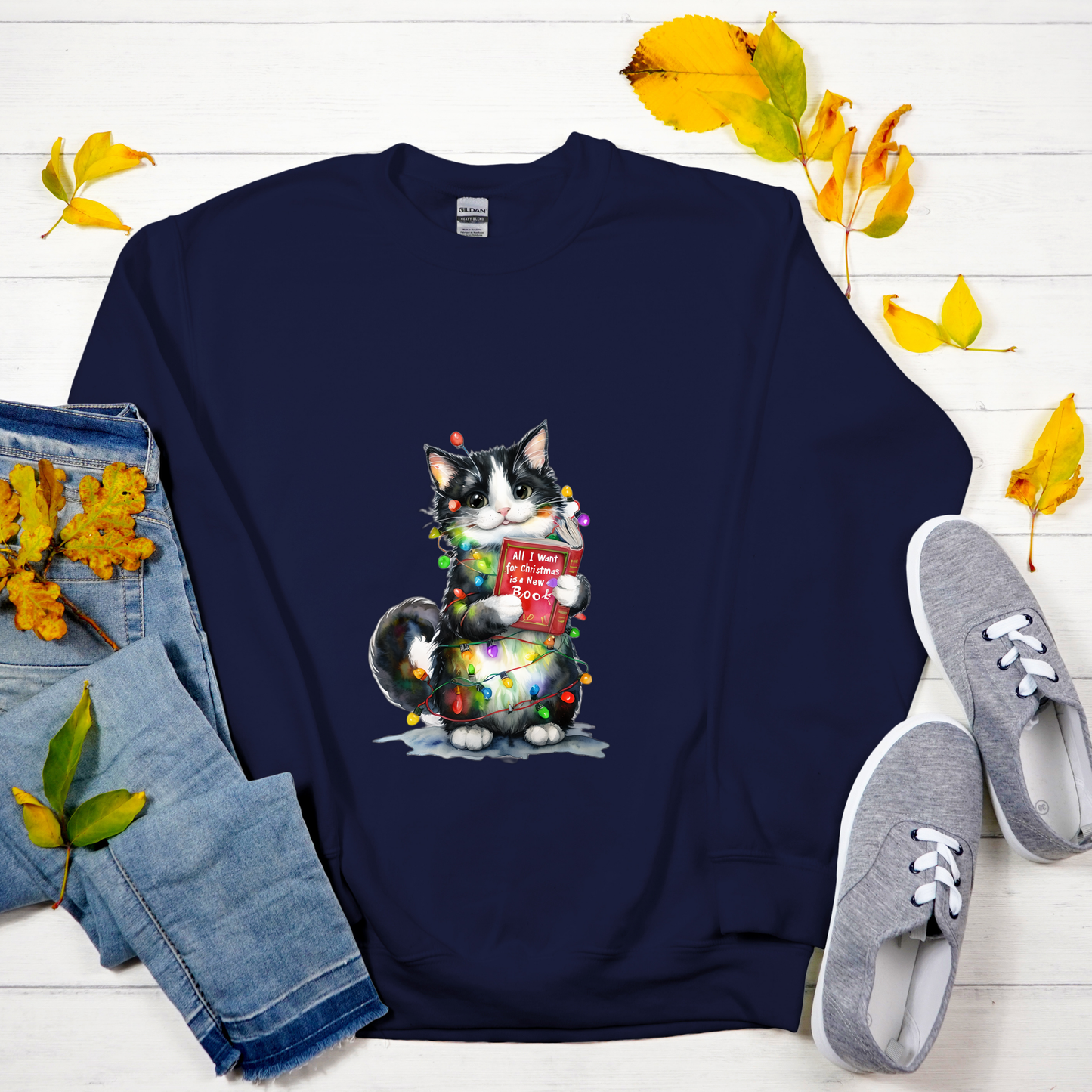 All I Want for Christmas Is a New Book Cat Crewneck Sweatshirt, Bookworm Holiday Sweater, Cat Lover Gift, Funny Christmas Sweater
