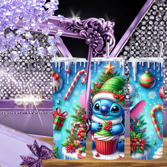 Christmas Alien Tumbler 20 oz – Cute Blue Alien Holiday Cup with Candy Canes & Cupcake, Festive Skinny Tumbler Gift for Her