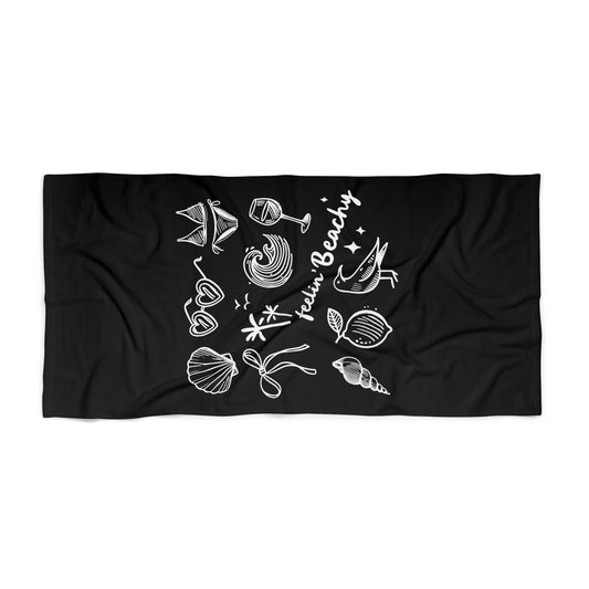 Feelin' Beachy Black & White Doodle Beach Towel with seashell and starfish design, soft and absorbent for summer.