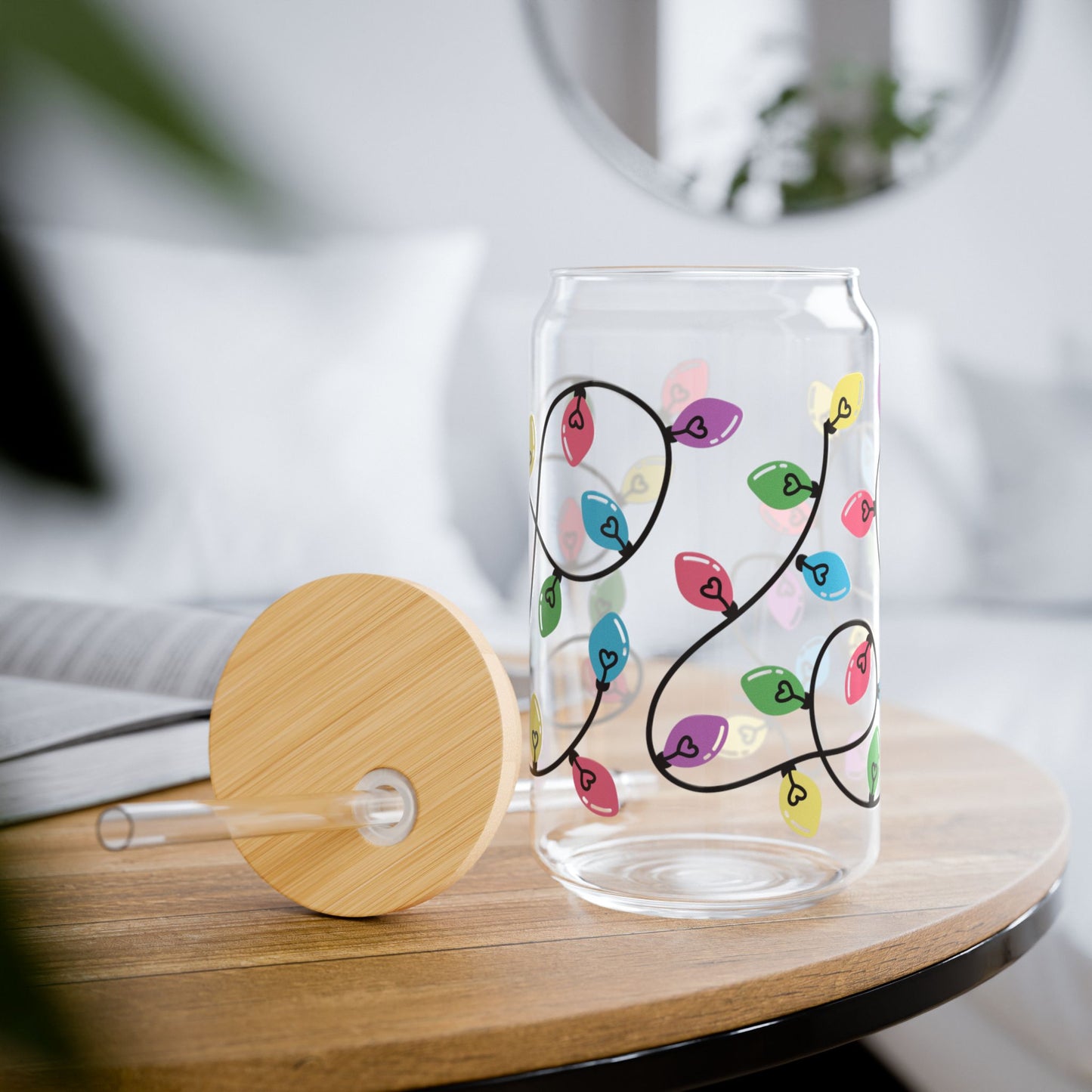 Christmas Lights Libbey Glass 16oz Can Cup – Cute Colorful Holiday Tumbler with Lid & Straw, Festive Gift for Her or Teacher