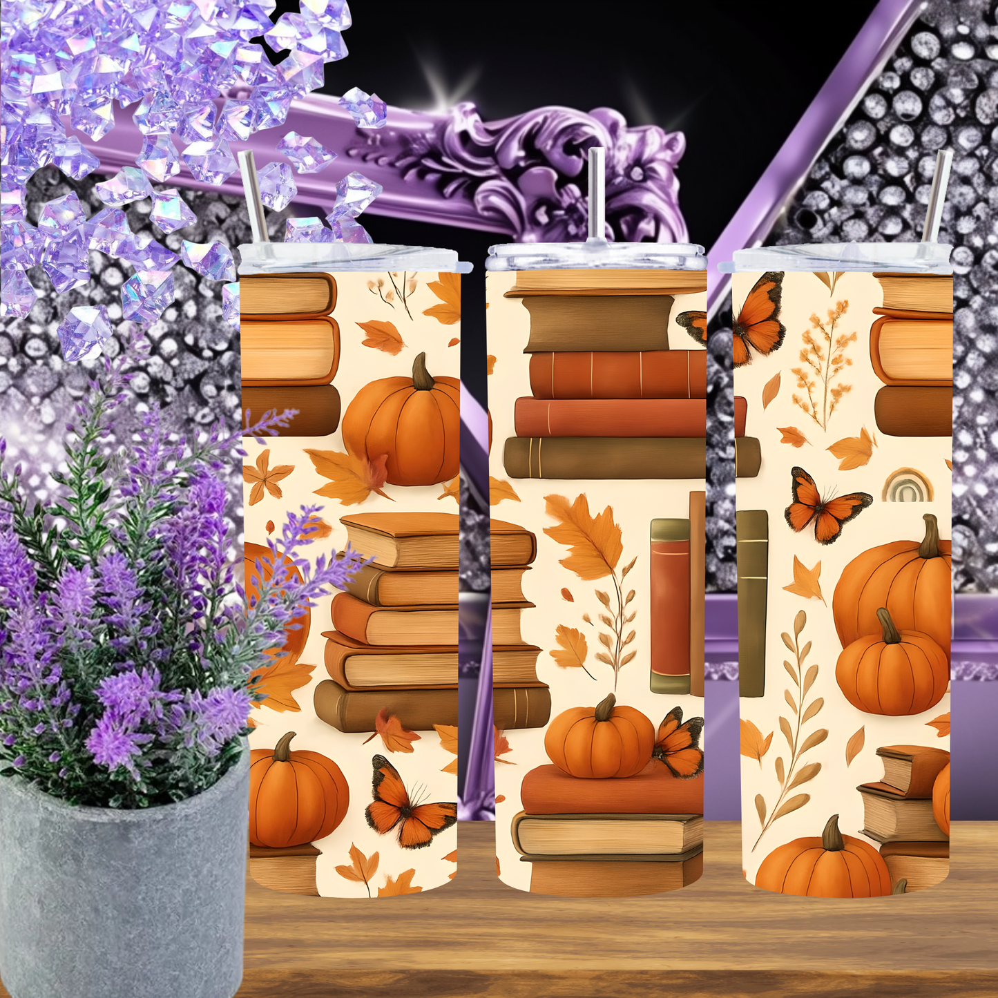 Autumn Books 20oz Skinny Tumbler, Fall Pumpkin and Butterfly Design, Book Lover Gift, Fall Aesthetic Drinkware, Physical Tumbler