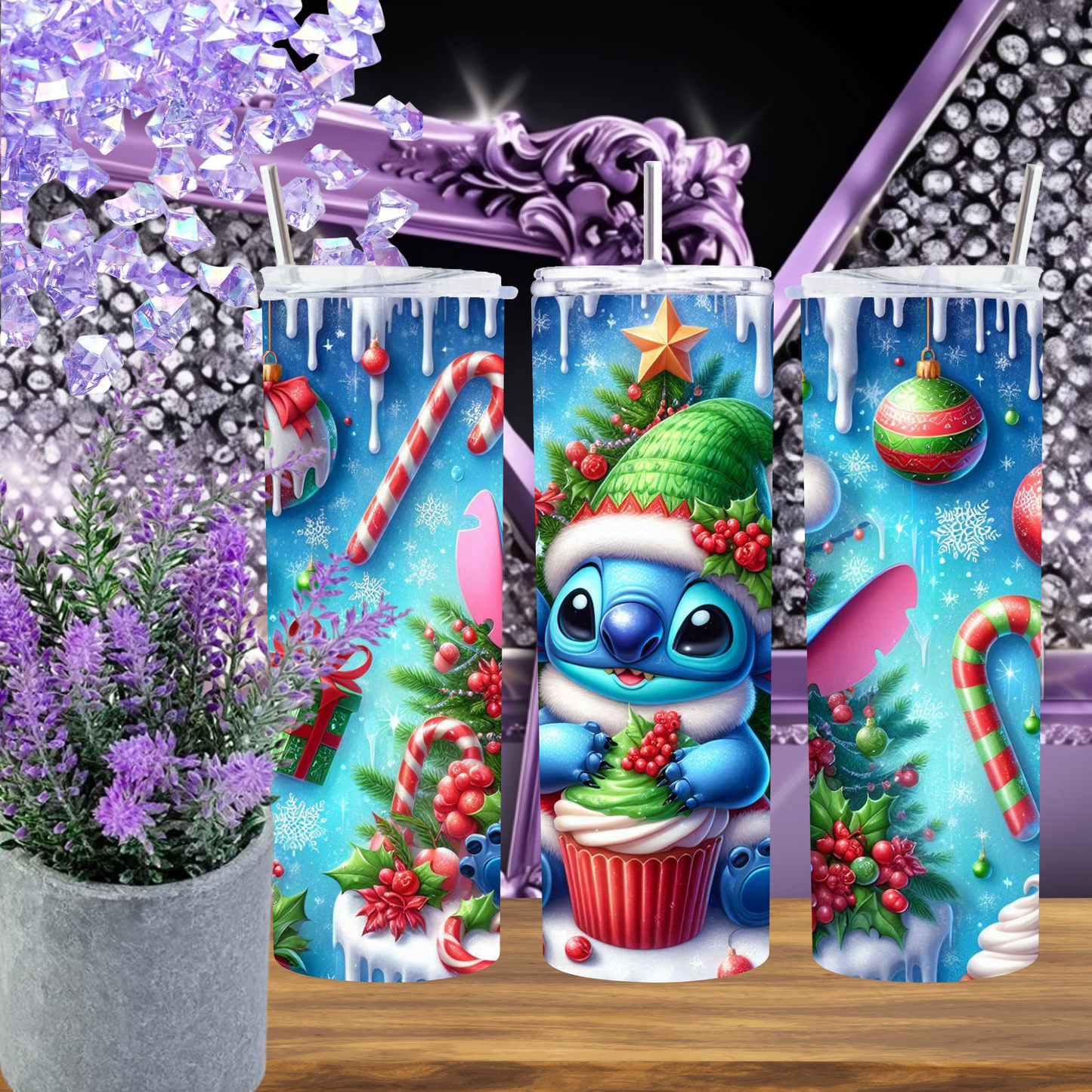 Christmas Alien Tumbler 20 oz – Cute Blue Alien Holiday Cup with Candy Canes & Cupcake, Festive Skinny Tumbler Gift for Her