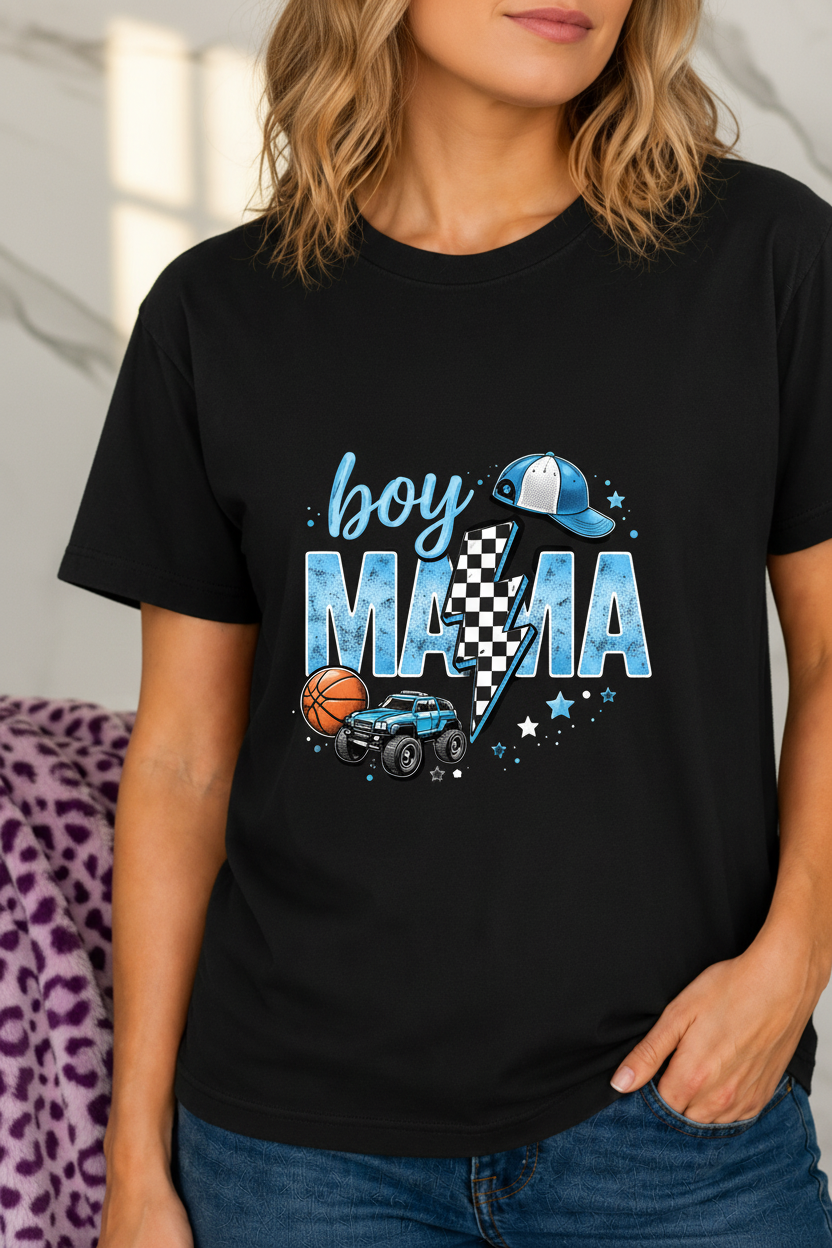 Ultimate Boy Mom Graphic Tee shown in a styled product mockup