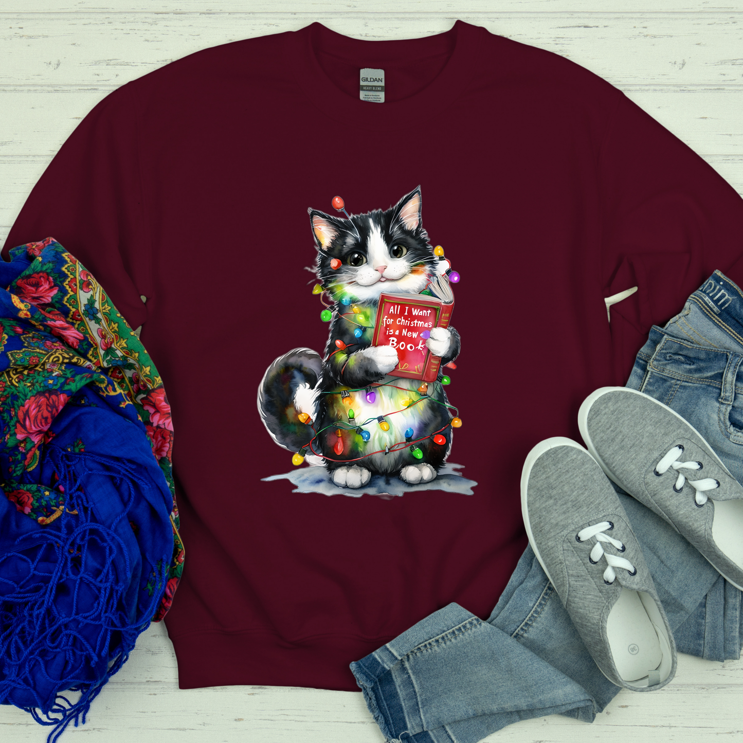 All I Want for Christmas Is a New Book Cat Crewneck Sweatshirt, Bookworm Holiday Sweater, Cat Lover Gift, Funny Christmas Sweater
