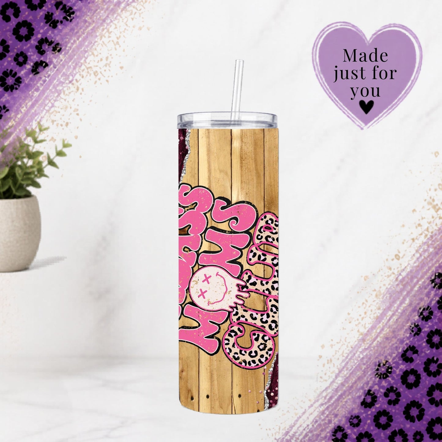 Badass Moms Club Tumbler 20 Oz Pink Glitter Leopard Floral Skinny Cup Gift Mom Life Coffee Cup with wood plank design and straw