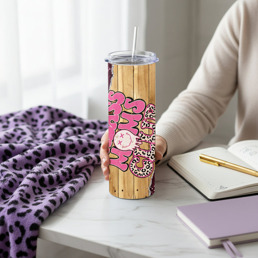 Badass Moms Club Mom 20 oz Stainless Steel Tumbler showing badass moms club mom tumbler artwork with 20 oz coffee tumbler, iced coffee mom cup, mom life skinny cup