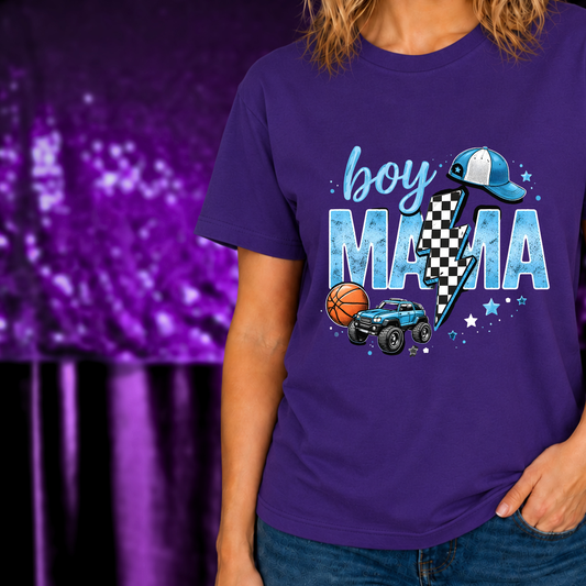 Ultimate Boy Mom Graphic Tee | Blue Checkered Shirt with sports and truck designs on purple fabric in casual style