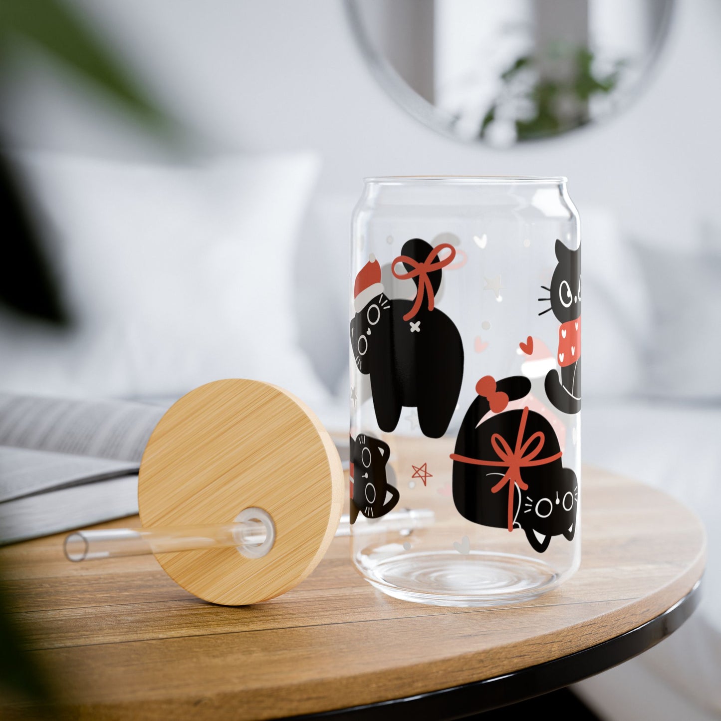Christmas Cat Libbey Glass Can Cup 16oz – Cute Holiday Black Cat Tumbler with Lid & Straw, Kawaii Christmas Gift for Cat Lovers